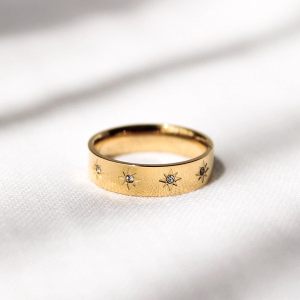 18k Gold Bandring, Cz Nord Stern Ring, Starburst Ring, Gold Stern Ring, Polaris Ring, Statement Ring, Stapelring, Geschenk für Frauen