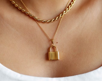 Gold Lock Necklace, 18k Gold Plated Necklace, Padlock Pendant Necklace, Lock Charm Necklace, Layered Necklace, Chunky Lock Necklace