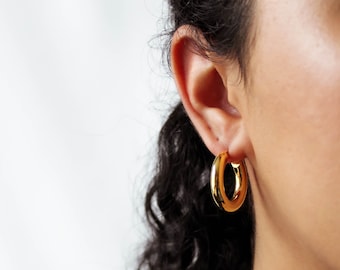 Chunky Gold Hoops, 18k Gold Tube Earrings, Medium Hoop Earrings, Thick Hoop Earrings, Gold Plated Hoop Earrings, Gift For Her