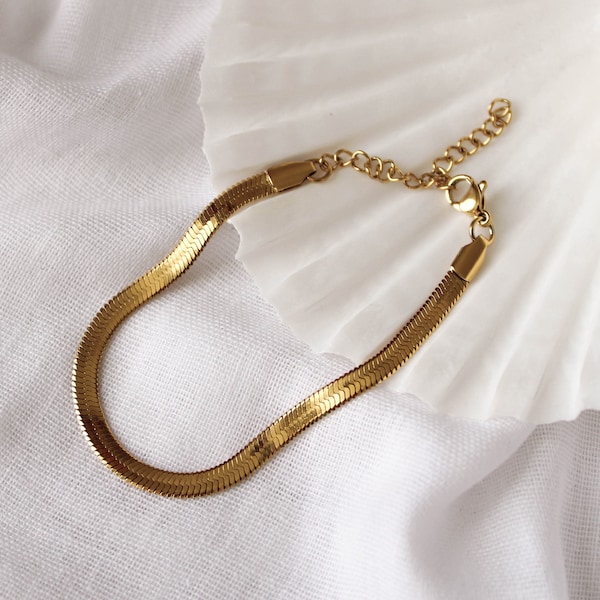 Herringbone Bracelet, Layering Gold Bracelet, Snake Chain Bracelet, 18k Gold Plated Bracelet, Bracelets For Women, Flat Snake Chain Bracelet
