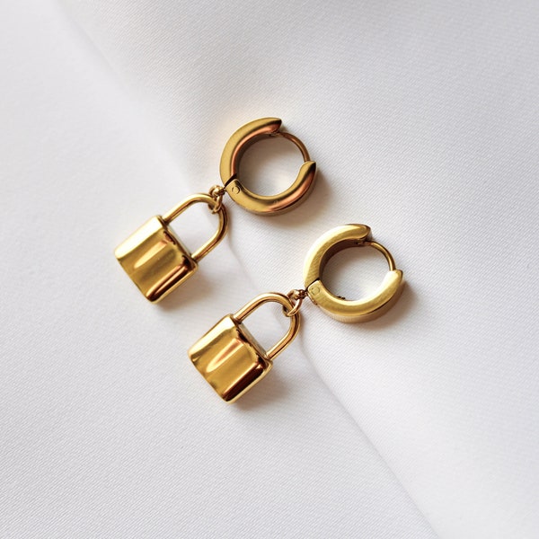 Gold Padlock Earrings, 18K Gold Lock Earrings, Mini Padlocks Hoops, Gold Plated Earrings, Lock Huggie Earrings, Gift For Women