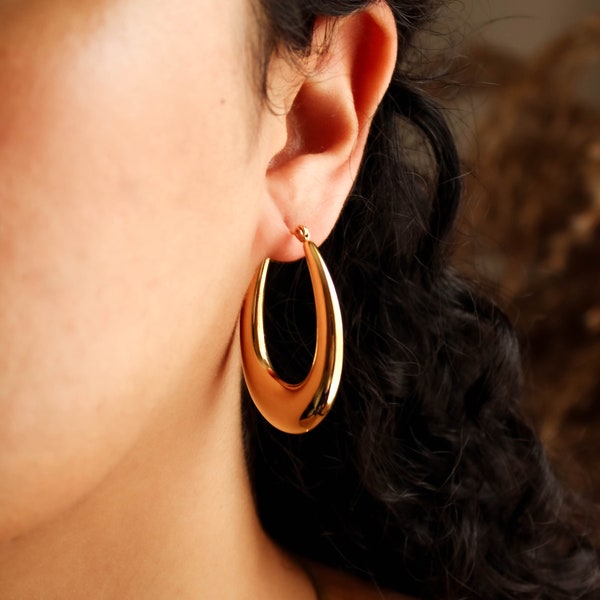 18k Gold Hoop Earrings, Chunky Lightweight Hoops, Thick Gold Hoops, Gold Dome Hoops, Large Hoop Earrings, Statement Earrings