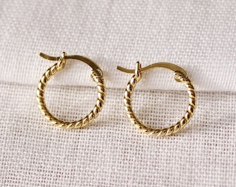 18k Gold Twisted Hoop Earrings, Dainty Croissant Earrings, Tiny Sterling Silver Hoops, Thin Gold Earrings, Gift For Women
