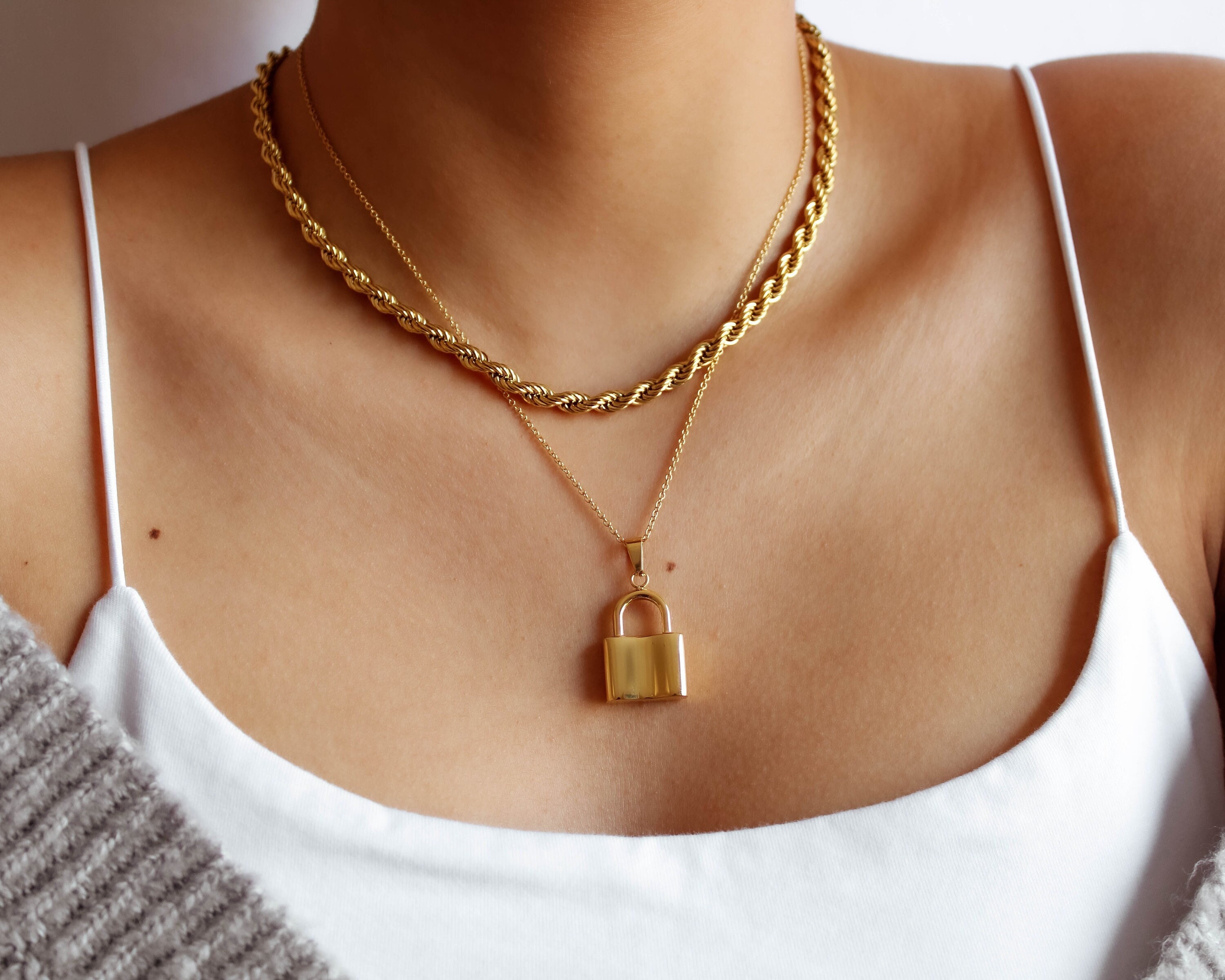 Gold Lock Charm Necklace