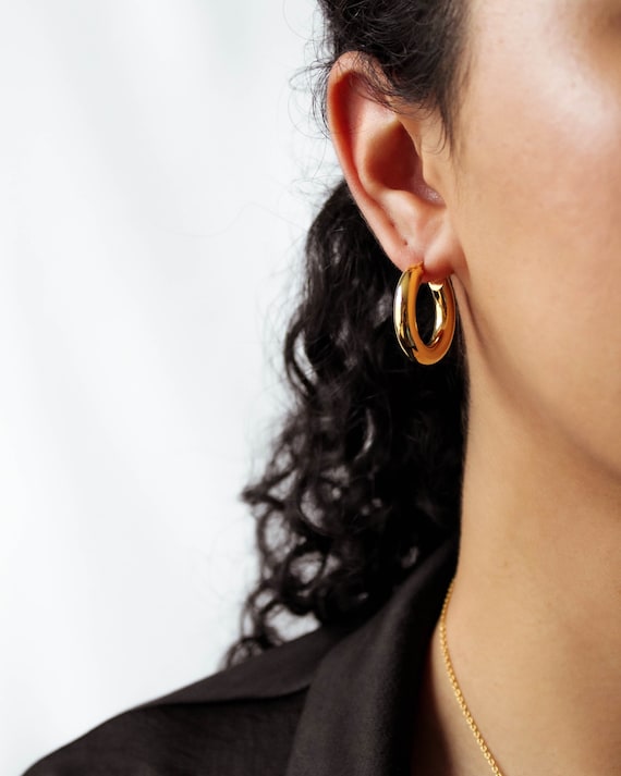 Chunky Gold Hoops 18k Gold Tube Earrings Medium Hoop Earrings