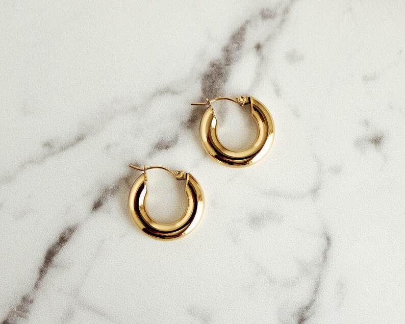 Thick Gold Earrings, 18k Gold Plated Hoops, Medium Sized Hoop Earrings, Simple Thick Hoops, Statement Hoops, Gift For Women image 3