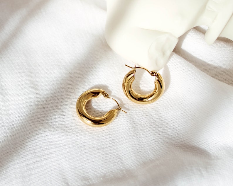 Thick Gold Earrings, 18k Gold Plated Hoops, Medium Sized Hoop Earrings, Simple Thick Hoops, Statement Hoops, Gift For Women image 6