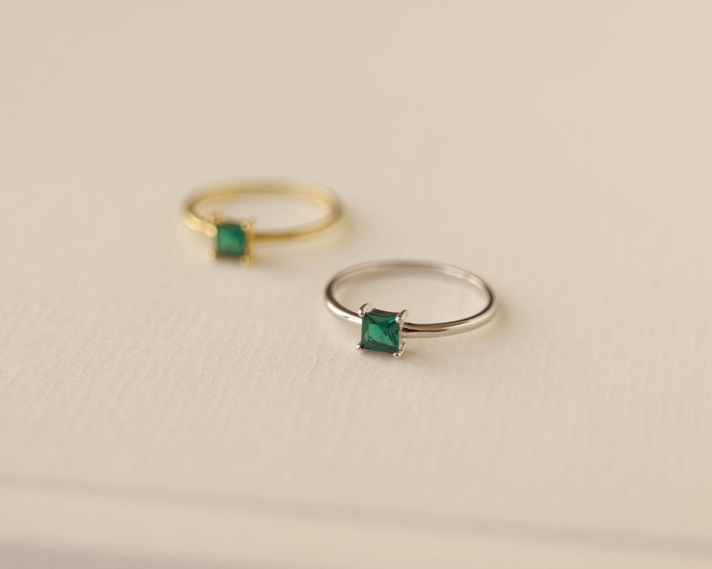 Princess Cut Emerald Ring, Simple Dainty Square Ring, Solid Silver Promise Ring, Green Emerald Solitaire Ring, Delicate Ring, Gift For Her image 6