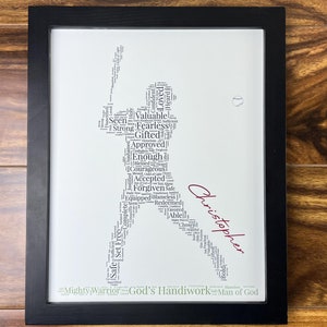 May include: A framed print featuring a baseball player silhouette composed of inspirational words. The words include "Fearless," "Gifted," and "Approved." The name "Christopher" is written in cursive. The frame is black.