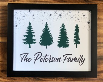 Personalized Winter Wonderland Print, Evergreen Wall Art, Family Name Decor, Winter Forest Print, Pine Trees, Botanical Christmas Artwork