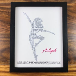 May include: A white background with a gray word cloud in the shape of a dancer. The word cloud includes words like "blessed", "loved", "holy", "strong", "beautiful", "valuable", "precious", "courageous", "victorious", "chosen", "accepted", "gifted", "set free", "conqueror", and "masterpiece". The name "Aaliyah" is written in pink at the bottom of the image. The text at the bottom of the image reads "Princess Warrior God's Masterpiece Wonderfully Made Hopeful | Complete".