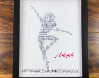 May include: A white background with a gray word cloud in the shape of a dancer. The word cloud includes words like "blessed", "loved", "holy", "strong", "beautiful", "valuable", "precious", "courageous", "victorious", "chosen", "accepted", "gifted", "set free", "conqueror", and "masterpiece". The name "Aaliyah" is written in pink at the bottom of the image. The text at the bottom of the image reads "Princess Warrior God's Masterpiece Wonderfully Made Hopeful | Complete".