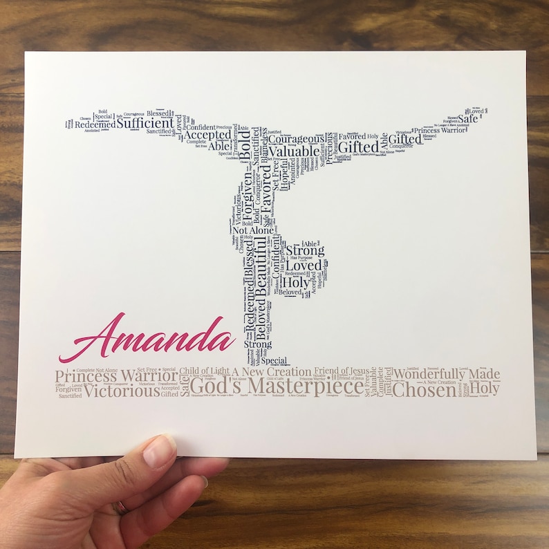 word art with words in the shape of gymnast in a navy blue color. Beam with words below in light brown. Hot Pink name printed above beam. The words in the print remind her of identity in Christ - God’s masterpiece, valuable, loved, forgiven, etc.