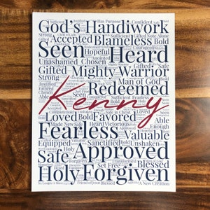 Wall art has a white background with colored words that fill the entire piece and vary in size. The words are religious affirmations including loved, forgiven, etc. A personalized name, in a different color, is in the center of the wall art.