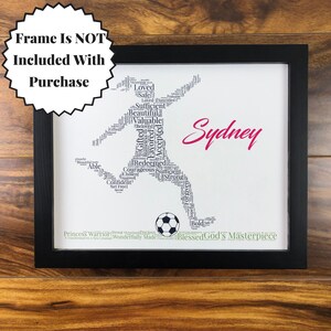 word art with words in the shape of a female soccer player and colored black. Ground below is green. Hot pink name printed beside player. The words in the print remind her of identity in Christ - God’s masterpiece, valuable, loved, forgiven, etc
