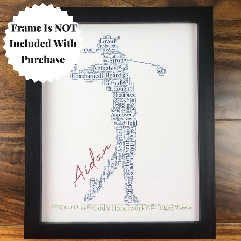 Word art with words in the shape of a baseball player in a black color. Ground below in words in a green color. Red name printed beside player. Words in the print remind him of identity in Christ - God’s handiwork, valuable, loved, forgiven, etc