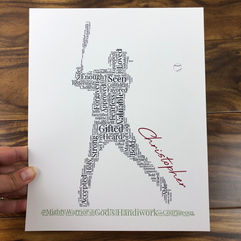Personalized Baseball Word Art, Religious Sport Wall Art, Custom Baseball Player Gift, Words of Affirmation Print, Christian Athlete Artwork image 4