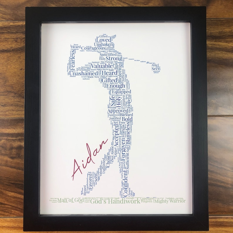 Word art with words in the shape of a baseball player in a black color. Ground below in words in a green color. Red name printed beside player. Words in the print remind him of identity in Christ - God’s handiwork, valuable, loved, forgiven, etc