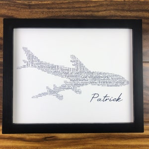 Word art with words in the shape of an airplane in gray color. Black name printed below airplane. The words in the print remind him of identity in Christ - God’s handiwork, valuable, loved, forgiven, etc.