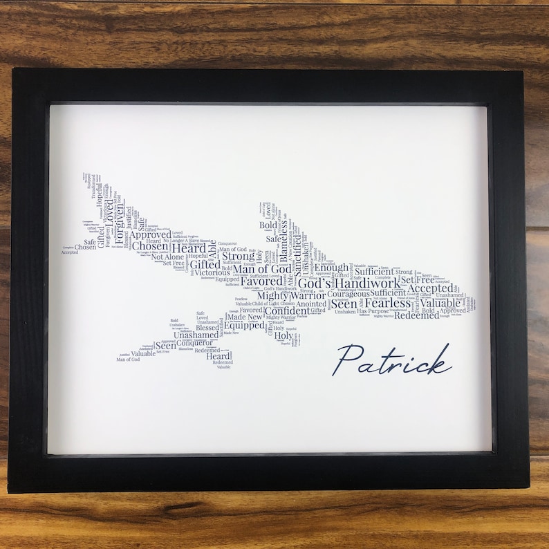 Word art with words in the shape of an airplane in gray color. Black name printed below airplane. The words in the print remind him of identity in Christ - God’s handiwork, valuable, loved, forgiven, etc.