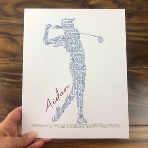 Word art with words in the shape of a baseball player in a black color. Ground below in words in a green color. Red name printed beside player. Words in the print remind him of identity in Christ - God’s handiwork, valuable, loved, forgiven, etc