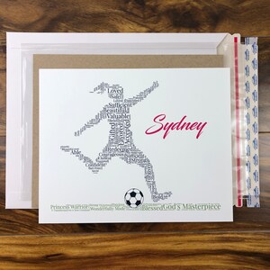 word art with words in the shape of a female soccer player and colored black. Ground below is green. Hot pink name printed beside player. The words in the print remind her of identity in Christ - God’s masterpiece, valuable, loved, forgiven, etc