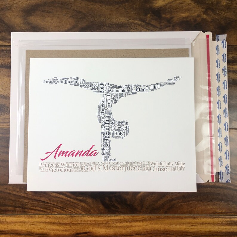 word art with words in the shape of gymnast in a navy blue color. Beam with words below in light brown. Hot Pink name printed above beam. The words in the print remind her of identity in Christ - God’s masterpiece, valuable, loved, forgiven, etc.
