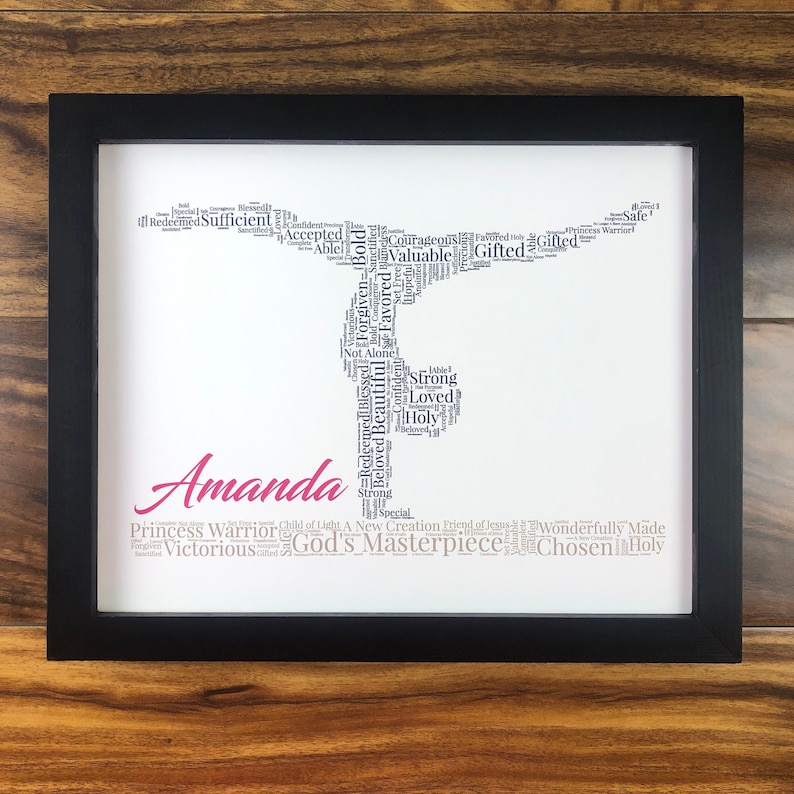 word art with words in the shape of gymnast in a navy blue color. Beam with words below in light brown. Hot Pink name printed above beam. The words in the print remind her of identity in Christ - God’s masterpiece, valuable, loved, forgiven, etc.