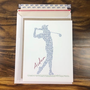 Word art with words in the shape of a baseball player in a black color. Ground below in words in a green color. Red name printed beside player. Words in the print remind him of identity in Christ - God’s handiwork, valuable, loved, forgiven, etc