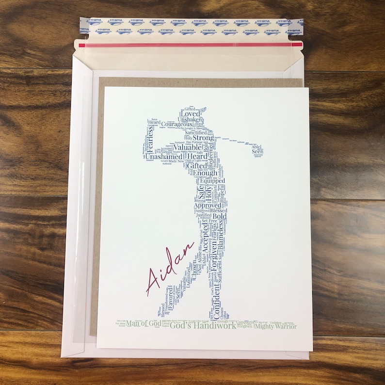 Word art with words in the shape of a baseball player in a black color. Ground below in words in a green color. Red name printed beside player. Words in the print remind him of identity in Christ - God’s handiwork, valuable, loved, forgiven, etc