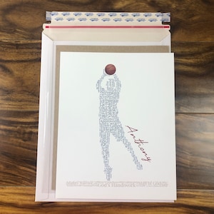 8x10 word art with words in the shape of a male basketball player shooting a basketball. Words remind him of his identity in Christ - God’s handiwork, forgiven, etc. Personalized name beside player, and words in the shape of a floor under player.