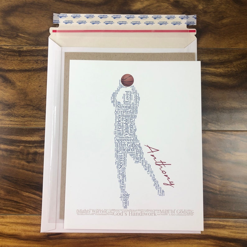 8x10 word art with words in the shape of a male basketball player shooting a basketball. Words remind him of his identity in Christ - God’s handiwork, forgiven, etc. Personalized name beside player, and words in the shape of a floor under player.