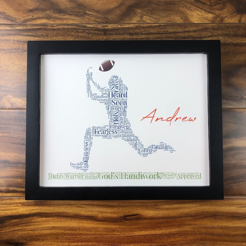 Personalized Football Word Art, Religious Sports Wall Art, Football Player Print, Custom Football Player Gift, Christian Athlete Artwork image 1