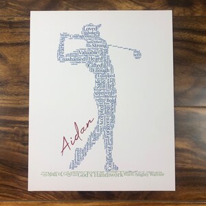 Word art with words in the shape of a baseball player in a black color. Ground below in words in a green color. Red name printed beside player. Words in the print remind him of identity in Christ - God’s handiwork, valuable, loved, forgiven, etc