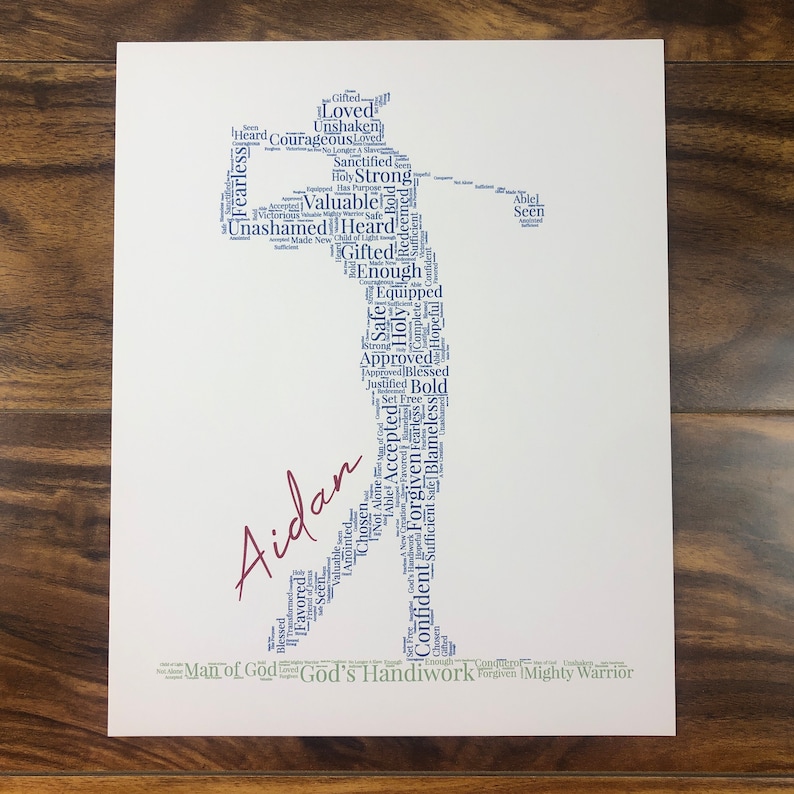 Word art with words in the shape of a baseball player in a black color. Ground below in words in a green color. Red name printed beside player. Words in the print remind him of identity in Christ - God’s handiwork, valuable, loved, forgiven, etc