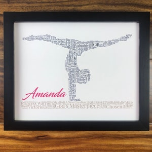 word art with words in the shape of gymnast in a navy blue color. Beam with words below in light brown. Hot Pink name printed above beam. The words in the print remind her of identity in Christ - God’s masterpiece, valuable, loved, forgiven, etc.