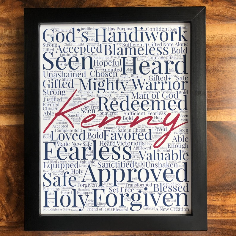 Framed wall art has a white background with colored words that fill the entire piece and vary in size. The words are religious affirmations including loved, forgiven, etc. A personalized name, in a different color, is in the center of the wall art.