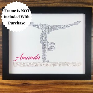 word art with words in the shape of gymnast in a navy blue color. Beam with words below in light brown. Hot Pink name printed above beam. The words in the print remind her of identity in Christ - God’s masterpiece, valuable, loved, forgiven, etc.