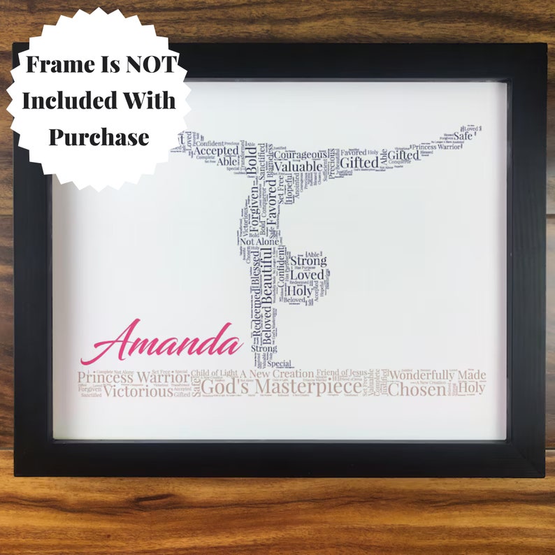 word art with words in the shape of gymnast in a navy blue color. Beam with words below in light brown. Hot Pink name printed above beam. The words in the print remind her of identity in Christ - God’s masterpiece, valuable, loved, forgiven, etc.