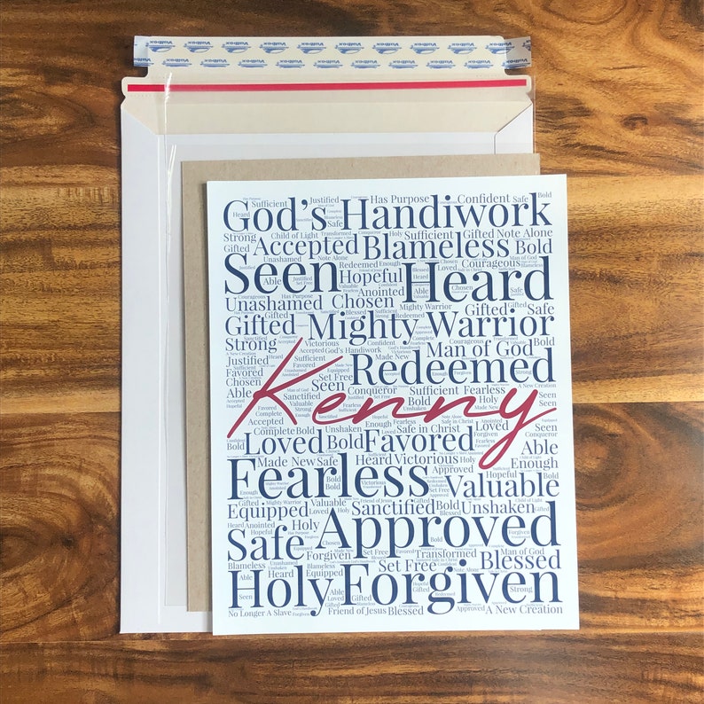 Wall art has a white background with colored words that fill the entire piece and vary in size. The words are religious affirmations including loved, forgiven, etc. A personalized name, in a different color, is in the center of the wall art.