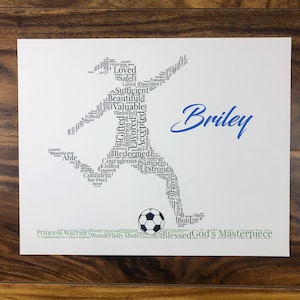 word art with words in the shape of a female soccer player and colored black. Ground below is green. Blue name printed beside player. The words in the print remind her of identity in Christ - God’s masterpiece, valuable, loved, forgiven, etc.