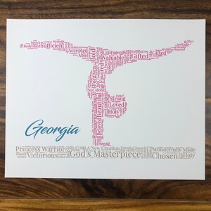 word art with words in the shape of gymnast in a navy blue color. Beam with words below in light brown. Hot Pink name printed above beam. The words in the print remind her of identity in Christ - God’s masterpiece, valuable, loved, forgiven, etc.