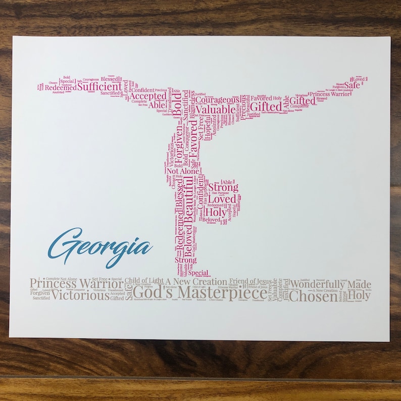 word art with words in the shape of gymnast in a navy blue color. Beam with words below in light brown. Hot Pink name printed above beam. The words in the print remind her of identity in Christ - God’s masterpiece, valuable, loved, forgiven, etc.