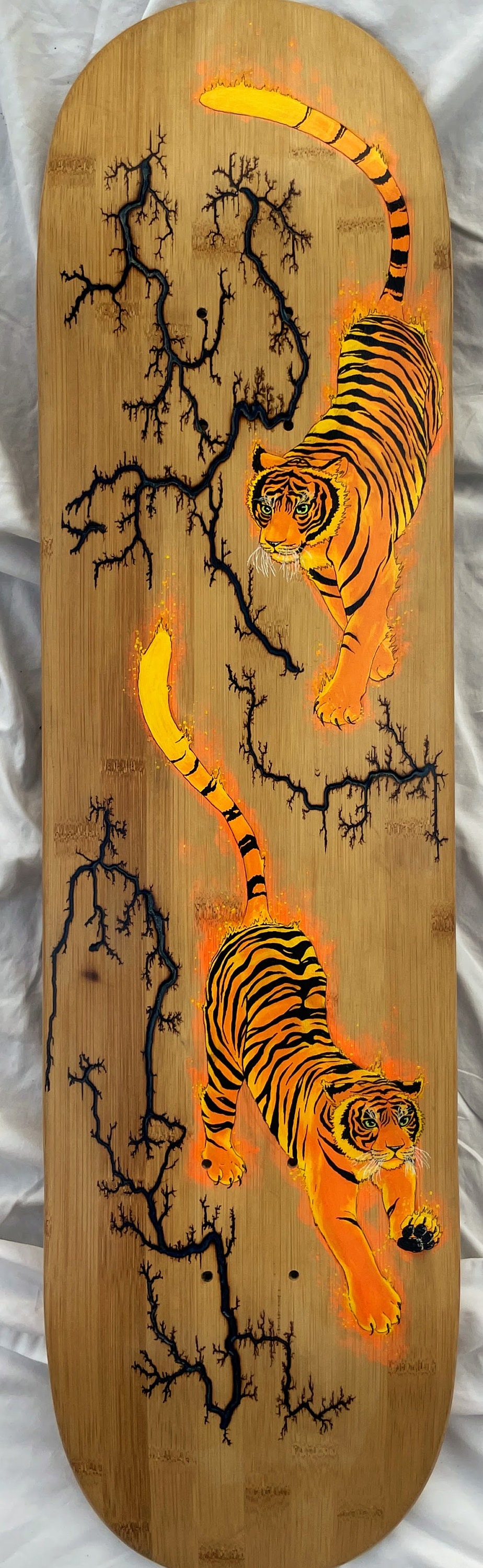 Fractal Wood Burning Bamboo Skateboard Wall Art With Tiger
