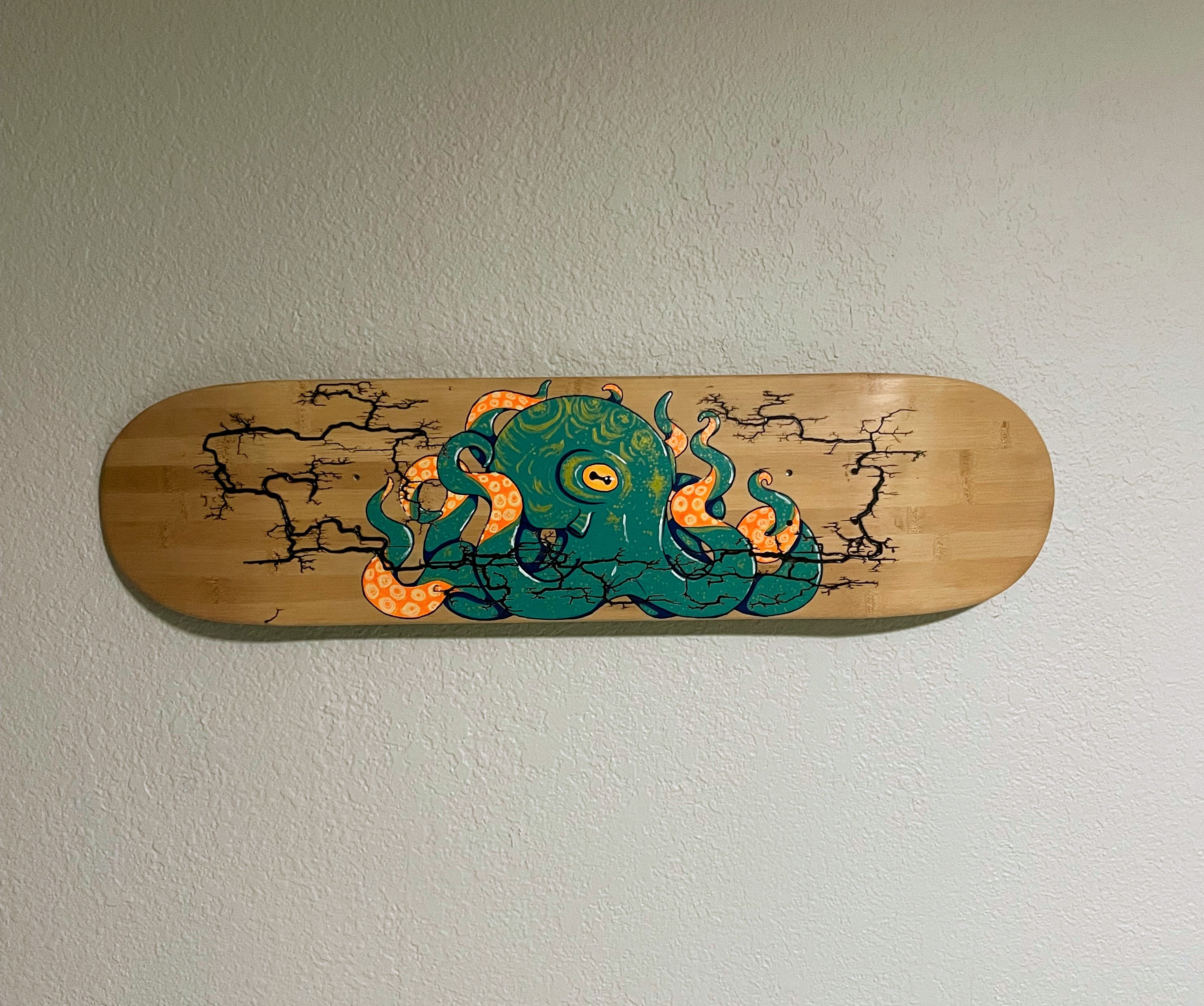 Fractal Wood Burning Bamboo Skateboard Wall Art With Octopus