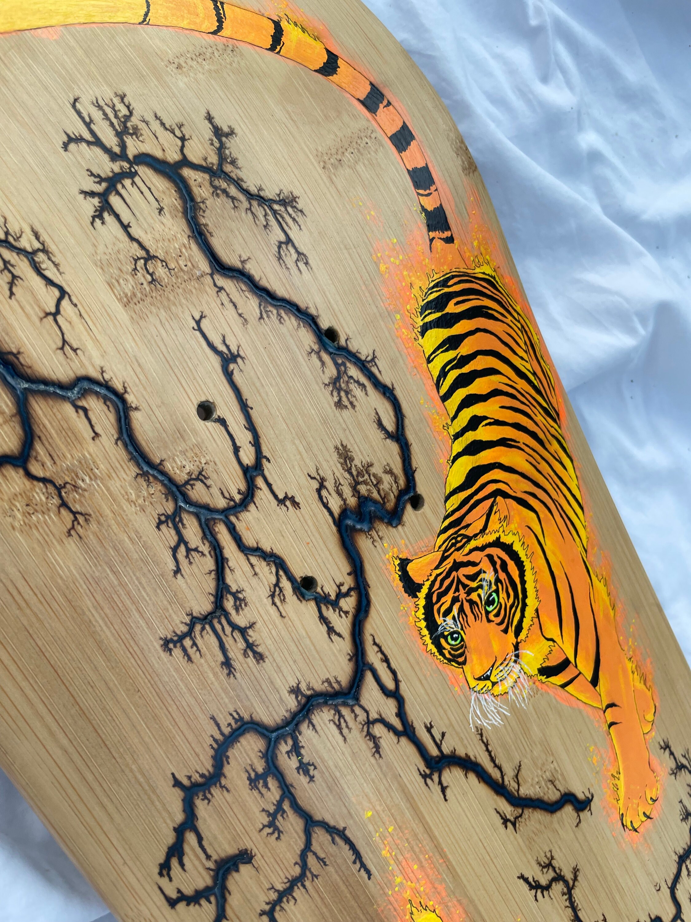Fractal Wood Burning Bamboo Skateboard Wall Art With Tiger