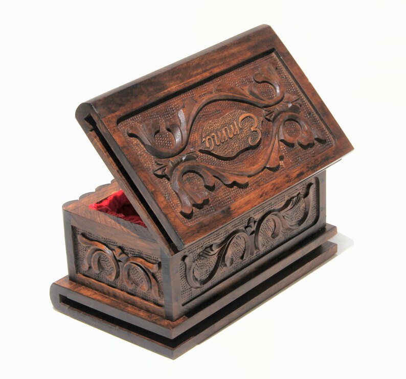 Large wooden jewelry puzzle box with key in secret Etsy