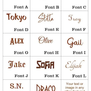 May include: A chart showing 15 different fonts with examples of each font. The fonts are labeled A through O. The fonts are all brown and are on a white background.
