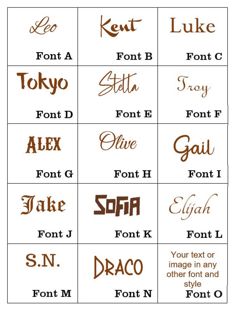 May include: A chart showing 15 different fonts with examples of each font. The fonts are labeled A through O. The fonts are all brown and are on a white background.