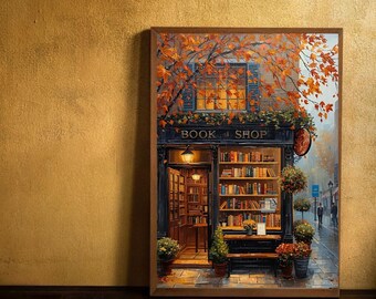 Autumn Bookstore Print: Cozy Coffee Shop Fall Decor (Digital Download)